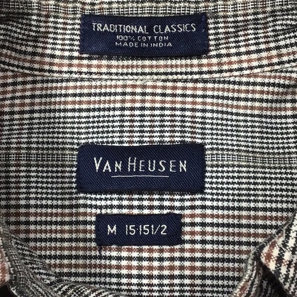 VAN HEUSEN Black Brown Glen Plaid 💯% Cotton Long Sleeve - Picture 2 of 8